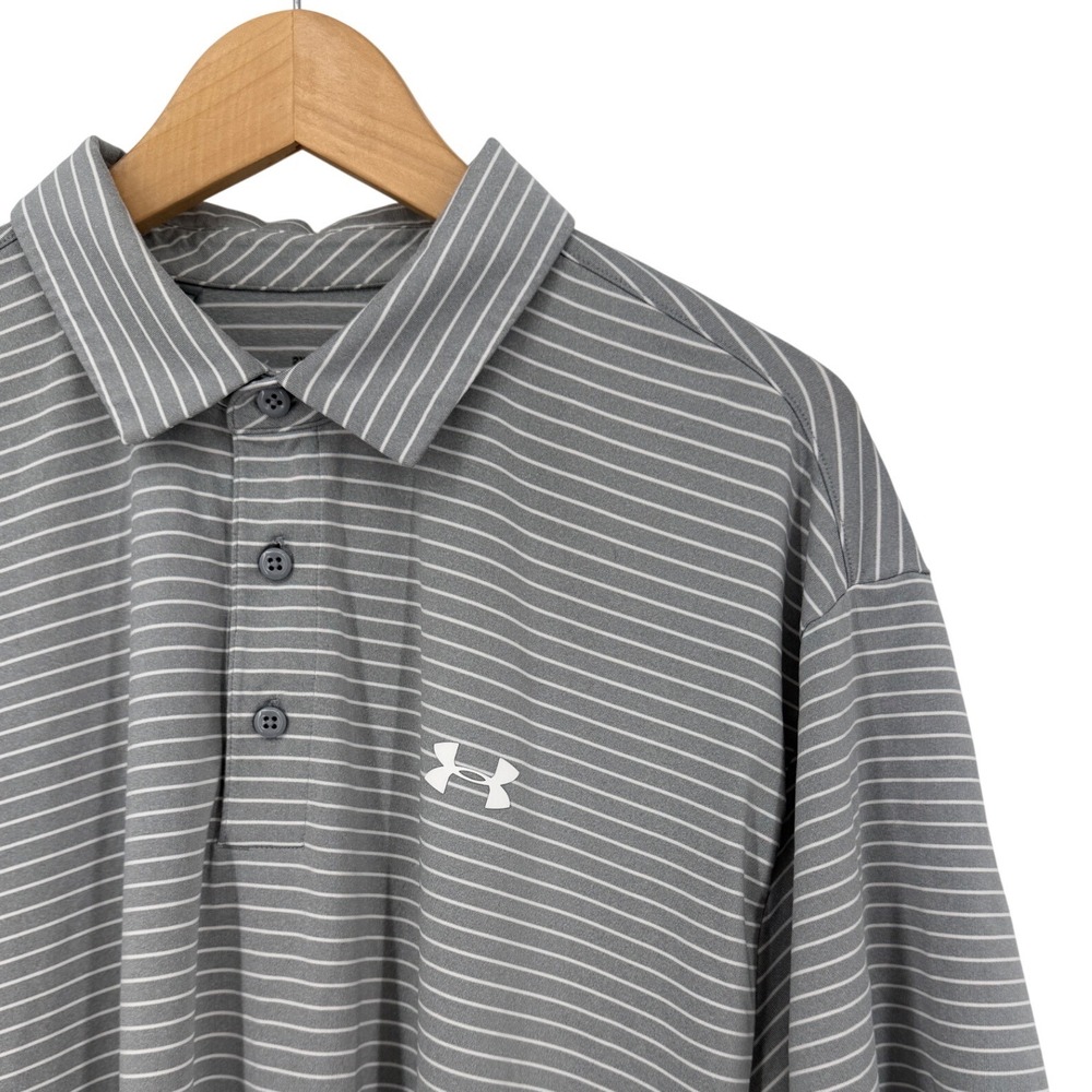 Under Armour Mens 2XL HeatGear Gray Striped Golf Polo Shirt Loose Fit